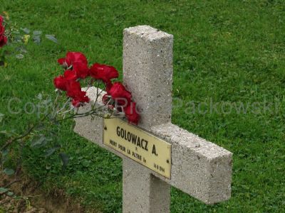 GOLOWACZ A. Leonard
- 23 ans -
Né 01.07.1921 Iszczalniany Szczuczyn
Décès 14.08.1944 Saint-Aignan-de-Cramesnil (14)
Tireur
1ère Division Blindée Polonaise
1er Régiment Blindé Polonais
Matricule 31135
Tombe 2 - Rang D - Carré II
copyright photo Piotr Packowski
copyright Frania
