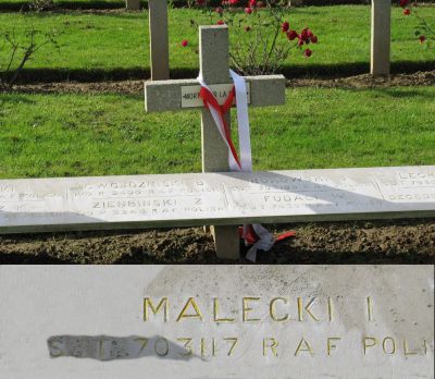 MALECKI Ignacy
- 29 ans -
Né 25.03.1915 Drancza Polska Dubno
Décès 01.07.1944 Beauvilliers (28)
Matricule 703117
Polish Air Force
300ème Escadron Mazowieckie
Caporal Lancier
Lancaster ED814 avec le code sans fil BH-N a été abattu par un chasseur de nuit pendant le bombardement d'une gare à Vierzon (03)
Tombe 3/5 - Rang AA - Carré II
copyright photo Piotr Packowski
copyright Frania
