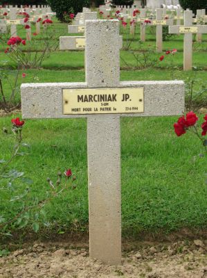 MARCINIAK Janusz
- 27 ans -
Né 11.7.1916 Sébastopol (Crimée)
Décès 23.06.1944 Le Puits Crulai (61)
Polish Air Force
306ème Escadron Torunskie
Chef d’Escadron
Matricule P317
Capitaine 
Abattu flak allemand avec Mustang FX 970 code SZ-C
Il a réussi à renflouer mais son parachute a refusé d'ouvrir
Tombe 7 - Carré II - Rang AA
copyright photo Piotr Packowski
copyright Frania
